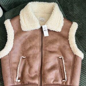 LOFT Faux Suede Crackled Brown Sherpa Vest New NWT small